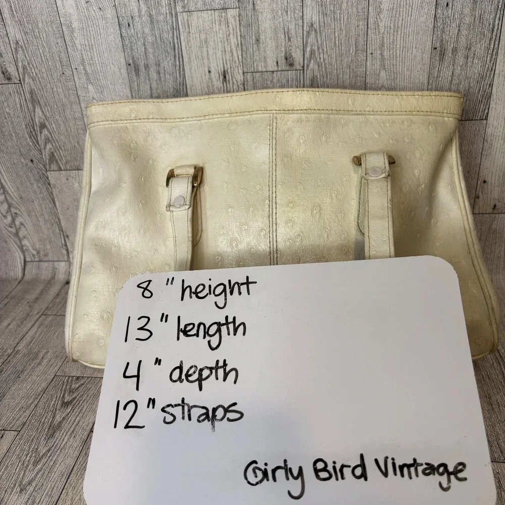 Bueno Vintage 70s Cream Faux Ostrich Leather Embossed Tote Handbag Satchel Purse